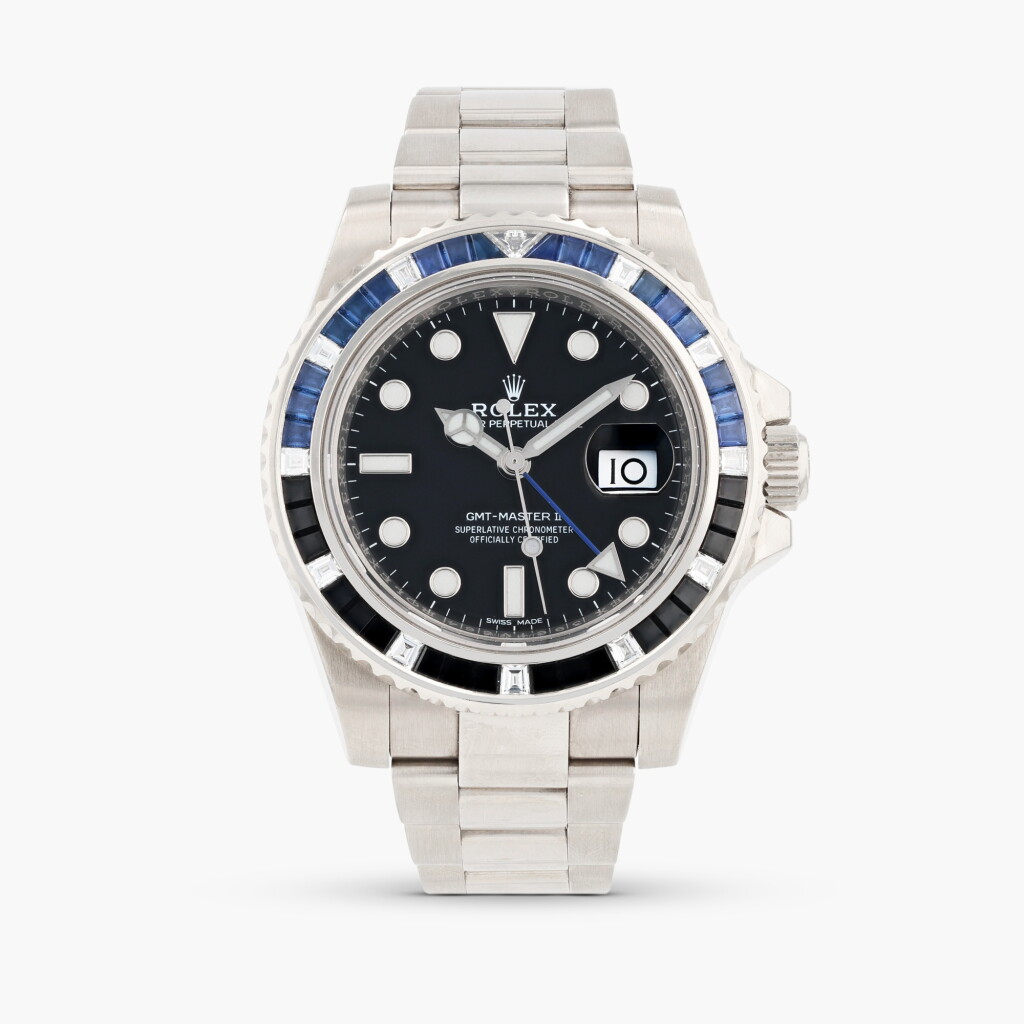 View full screen - View 1 of Lot 374. GMT-Master II, reference 116749SABLNR, white gold, diamond and sapphire-set dual time zone wristwatch with date and bracelet, circa 2017.