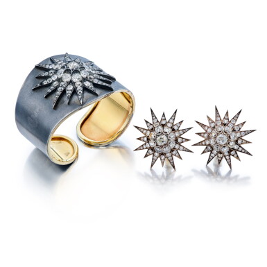 View full screen - View 1 of Lot 231. Silver-Topped Gold and Diamond Cuff-Bracelet and Pair of Earclips.