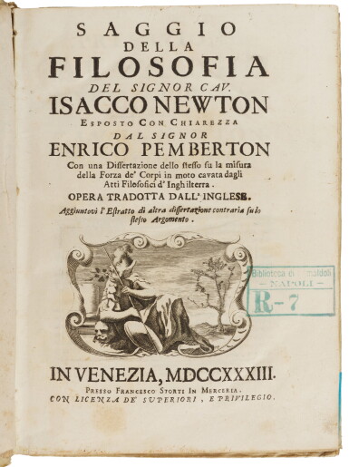 View full screen - View 1 of Lot 173. Pemberton, Saggio della filosofia del sig. Isacco Newton, Venice, 1733, vellum.