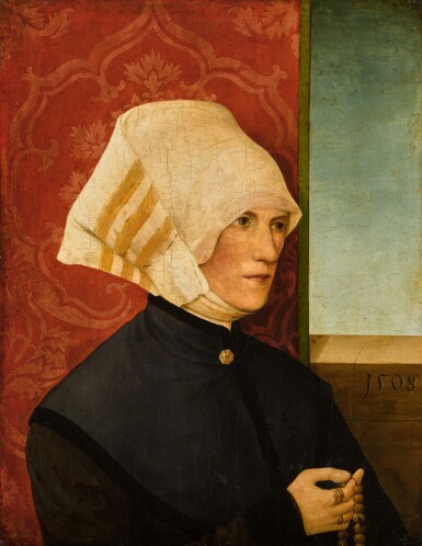 View full screen - View 1 of Lot 319. Portrait of a lady, half length, wearing black with a white headdress, holding a rosary.