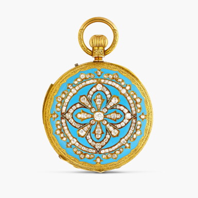 View full screen - View 1 of Lot 2311. A yellow gold, enamel and diamond-set minute repeating hunting case keyless lever watch, Made for the Indian market, Circa 1890.