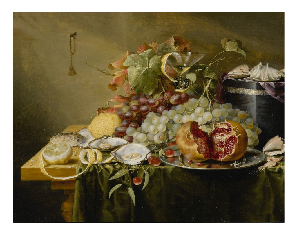 View full screen - View 1 of Lot 127. LAURENS CRAEN | A STILL LIFE WITH A POMEGRANATE AND OTHER FRUITS, OYSTERS, SHRIMPS AND SHELLS ON A VELVET BOX ON A TABLE.