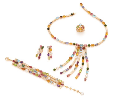 View full screen - View 1 of Lot 129. MULTICOLOUR GEM-SET, CULTURED PEARL AND DIAMOND PARURE 'ALLEGRA' (PARURE CON PIETRE MULTICOLORE, PERLE COLTIVATE E DIAMANTI 'ALLEGRA')| BULGARI.