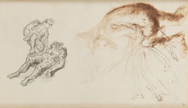 View full screen - View 1 of Lot 671. Deux hommes et une danseuse (recto) & Étude pour La tentation de saint Antoine et d'un brigand tenant un tremblon (verso): A Double-Sided Drawing.