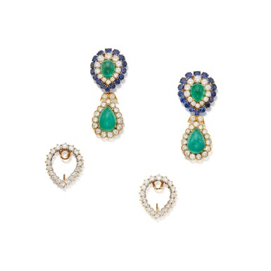 View full screen - View 1 of Lot 15. Pair of Emerald, Sapphire and Diamond Earclips.