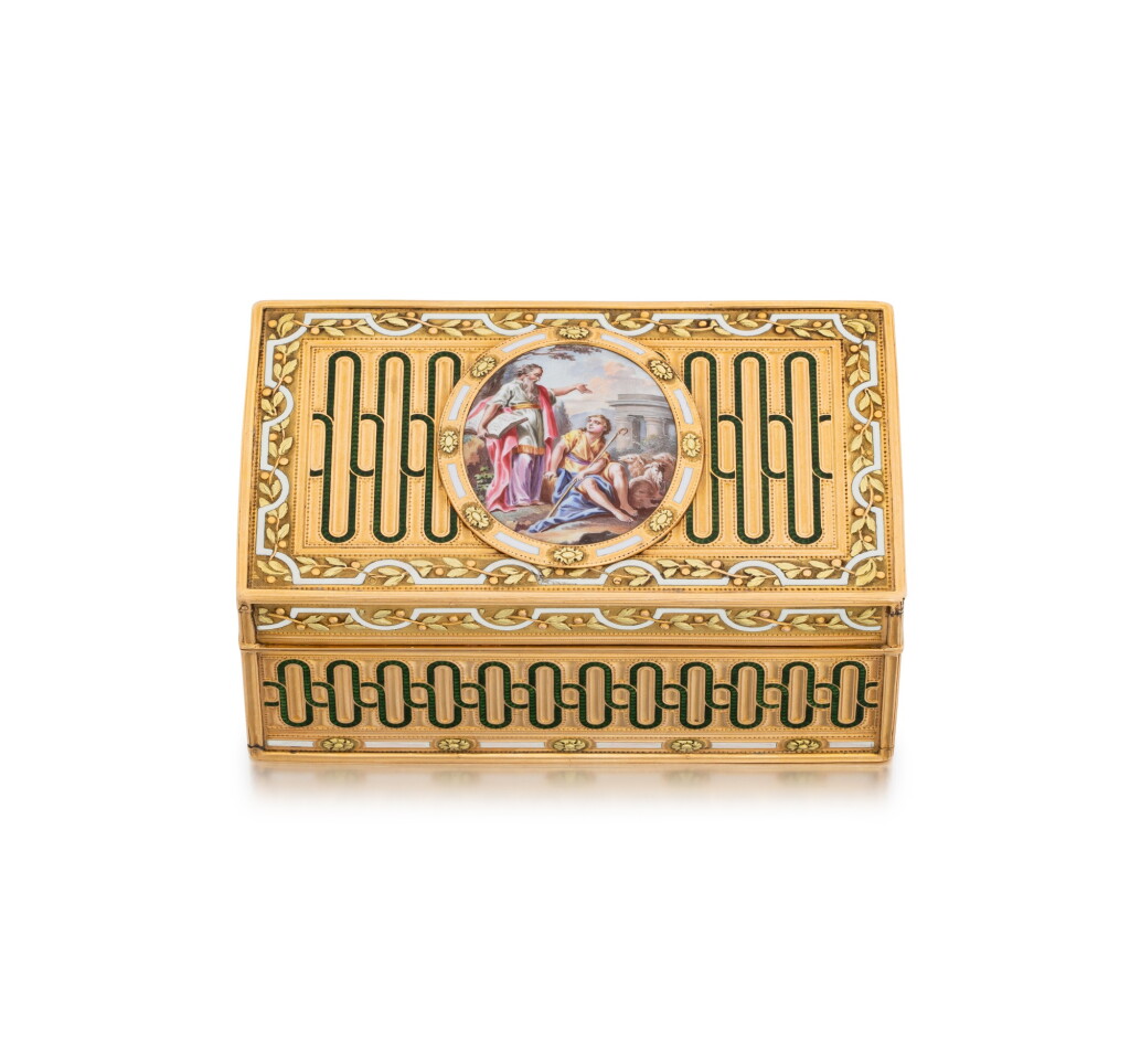 View full screen - View 1 of Lot 1179. A two-colour gold and enamel snuff box, 19th century in earlier taste.