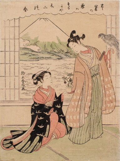 View full screen - View 1 of Lot 434. Suzuki Harunobu (1725-1770) | Young couple with auspicious New Year dream symbols: Mount Fuji, falcon, and aubergine | Edo period, 18th century .