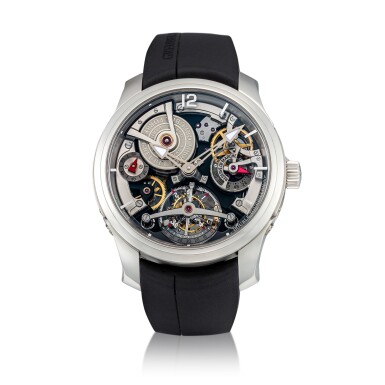 View full screen - View 1 of Lot 24. Double Tourbillon 30° Technique Platinum skeletonized double tourbillon wristwatch with four fast-rotating co-axial barrels and 120-hour power reserve Circa 2009 | Greubel Forsey「Double Tourbillon 30° Technique」鉑金鏤空雙陀飛輪腕錶,備四個快轉雙軸式發條盒及120小時動力儲存顯示,年份約2009.