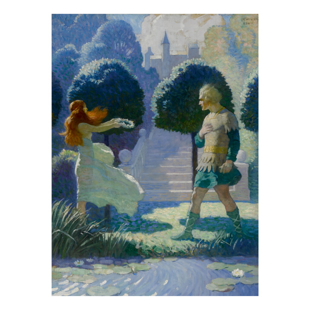 View full screen - View 1 of Lot 7. N. C. WYETH | OGIER AND MORGANA (OGIER DISMOUNTED AND TOOK SOME STEPS ALONG THE STREAM, BUT WAS SOON STOPPED BY MEETING A YOUNG BEAUTY, SUCH AS THEY PAINT THE GRACES.).