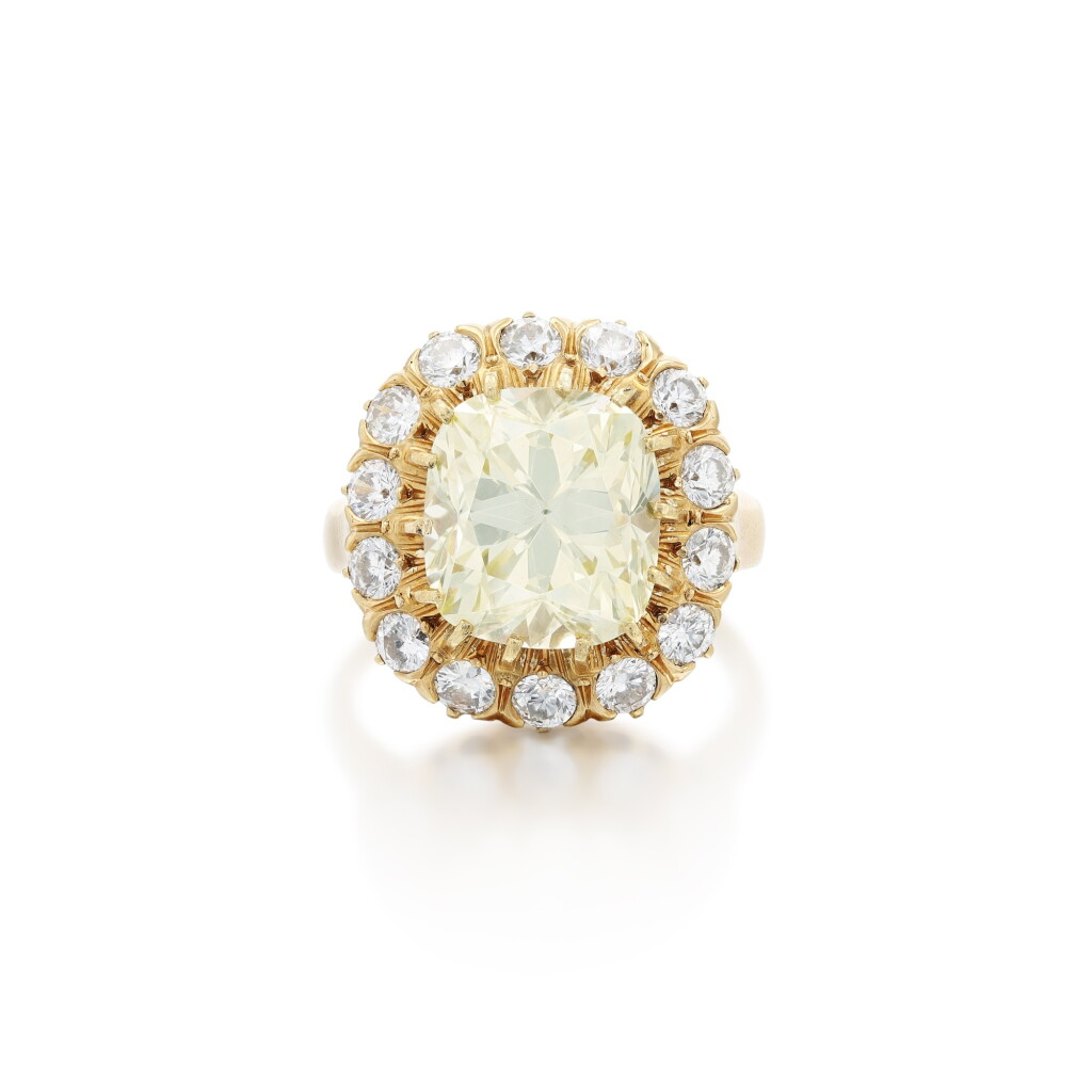 View full screen - View 1 of Lot 93. Fancy Light Greenish Yellow and diamond ring .