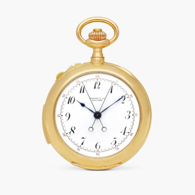 View full screen - View 1 of Lot 2433. A pink gold and enamel minute repeating split seconds chronograph openface keyless lever watch with enamel dial, retailed by Tiffany & Co., Circa 1890.
