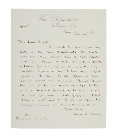 View full screen - View 1 of Lot 1156. Stanton, Edwin M. | "I may be removed any how & the sooner the better.".