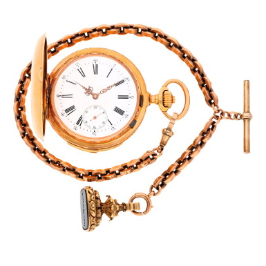View full screen - View 1 of Lot 102. A gold hunting cased minute repeating keyless lever watch circa 1890, No. 93104.