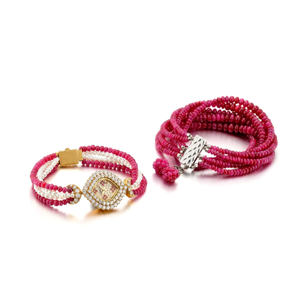 View full screen - View 1 of Lot 8641. Reference G249 | A yellow gold, diamond and ruby-set bracelet watch with multi-strand ruby and cultured pearl bracelet and a matching multi-strand ruby-set bracelet, Circa 1990 | 型號G249 | 黃金鑲鑽石及紅寶石鏈帶腕錶,備紅寶石及珍珠鏈帶,附帶紅寶石鏈帶,約1990年製.