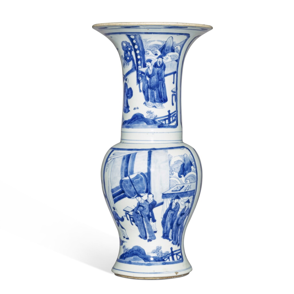 View full screen - View 1 of Lot 748. A blue and white 'figural' yenyen vase, Qing dynasty, Kangxi period | 清康熙 青花人物故事圖鳳尾尊.