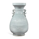 A large carved celadon-glazed vase, Republican period | 民國 青釉仿古雙耳瓶 《大明弘治年製》仿款