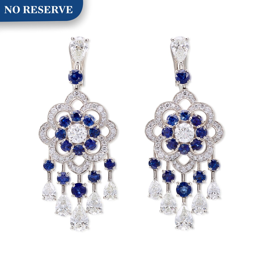 View full screen - View 1 of Lot 1093. 'Rosette' Diamond and Sapphire Pendent Earrings | 格拉夫| 'Rosette' 鑽石 配 藍寶石 耳墜一對 (鑽石及藍寶石共重約9.00及5.50克拉).