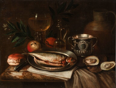 View full screen - View 1 of Lot 26. Still life with a trout and oysters | Nature morte à la truite et aux huîtres.
