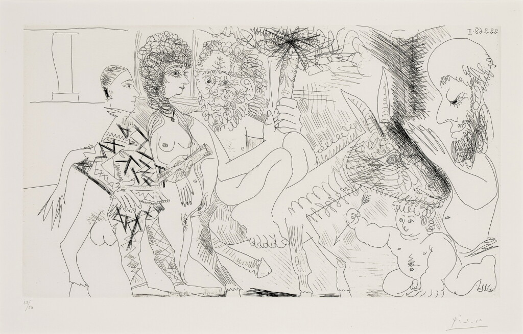 View full screen - View 1 of Lot 115. Groupe avec vieillard à la torche sur un âne amoureux, femme et arlequin, from the 347 Series.