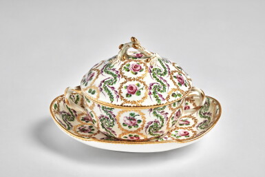 View full screen - View 1 of Lot 558. A Sèvres Porcelain Écuelle, Cover and Stand (Écuelle 'ronde tournée' et plateau 'ovale'), circa 1769.