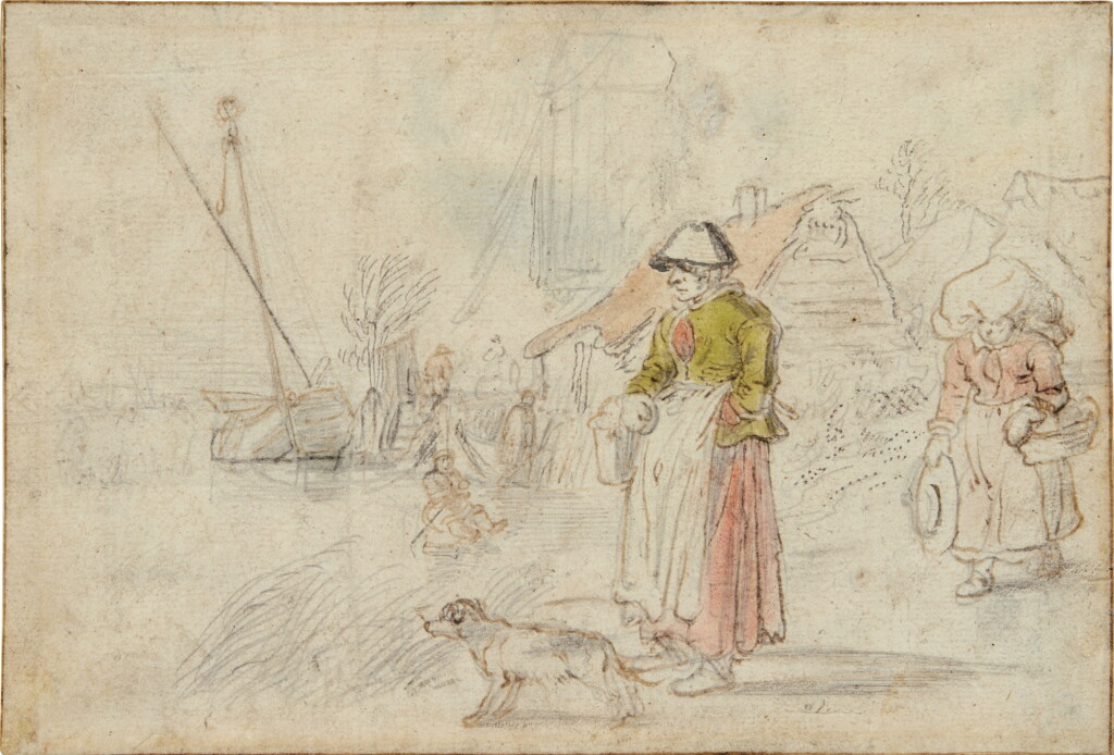 View full screen - View 1 of Lot 152. Two women and a dog on the bank of a frozen river near a village, to the left a boy on a sledge.