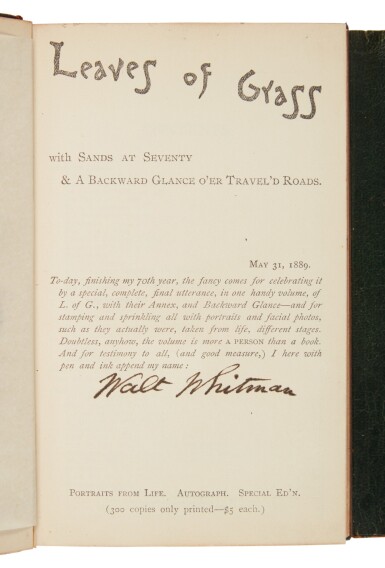 View full screen - View 1 of Lot 175. Whitman, Walt | One of only 300 copies, signed by the author.