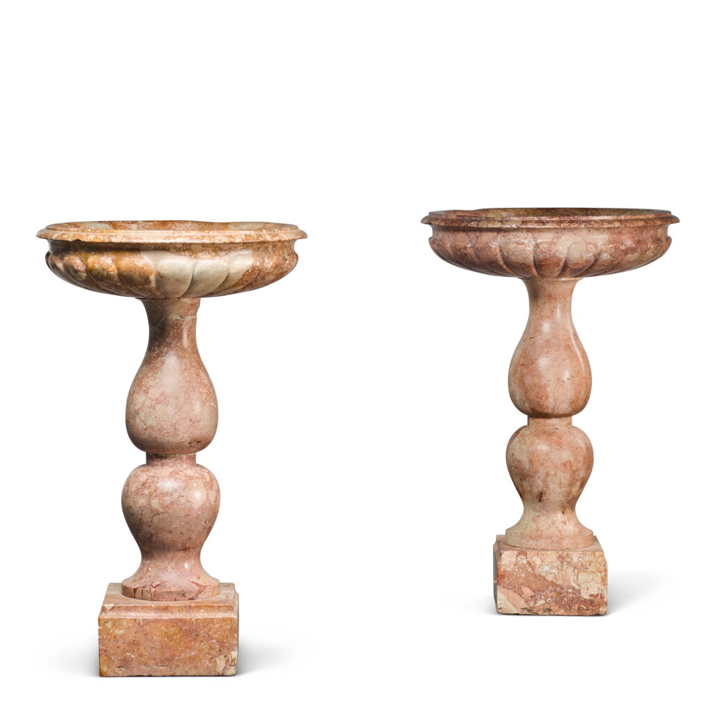 View full screen - View 1 of Lot 5. A PAIR OF PINK BRECCIA PERNICE MARBLE FONTS, PROBABLY SPANISH, 18TH CENTURY.