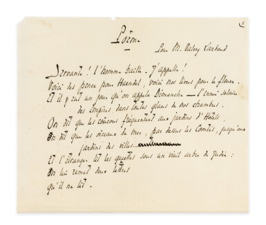 View full screen - View 1 of Lot 266. SAINT-JOHN PERSE. Pour Valéry Larbaud. Poème autographe. 3 p. Hommage poétique à son ami Valery Larbaud..