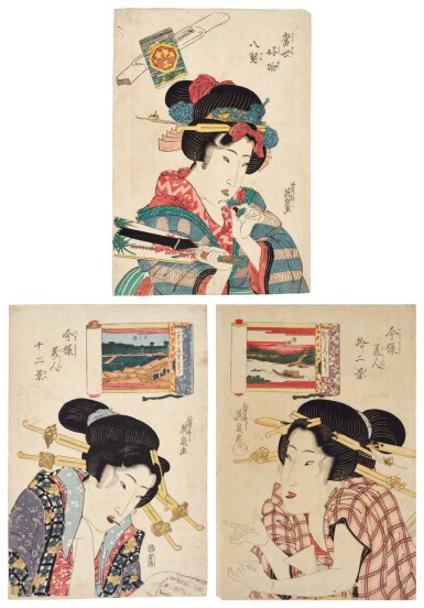 View full screen - View 1 of Lot 71. Keisai Eisen (1790–1848) | Three woodblock prints depicting bijin | Edo period, 19th century.