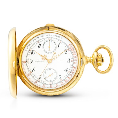 View full screen - View 1 of Lot 610. PATEK PHILIPPE | A YELLOW GOLD HUNTING CASE KEYLESS CHRONOGRAPH WATCH WITH ENAMEL DIAL, MADE IN 1912.