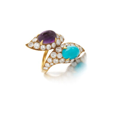 View full screen - View 1 of Lot 150. Bulgari, Turquoise, amethyst and diamond ring (Bulgari, Anello in turchese, ametista e diamanti).