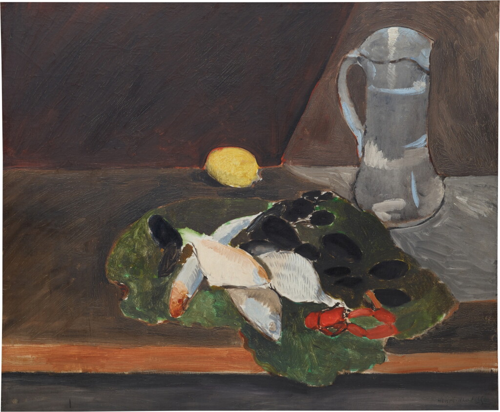 View full screen - View 1 of Lot 144. Nature morte avec poissons, pichet et citron.