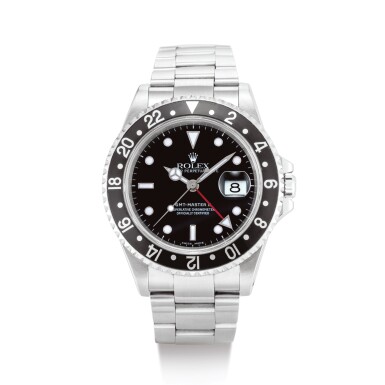 View full screen - View 1 of Lot 2098. ROLEX | GMT-MASTER II, REFERENCE 16710 A STAINLESS STEEL DUAL TIME ZONE WRISTWATCH WITH DATE AND BRACELET, CIRCA 2000" | 勞力士 | GMT-Master II 型號16710 精鋼兩地時間鏈帶腕錶,備日期顯示,錶殼編號P176767,約2000年製".