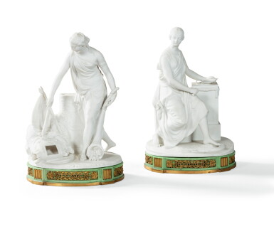 View full screen - View 1 of Lot 86. Pair of Paris porcelain biscuit groups, late 18th century, manufacture Dihl or Guérhard | Paire de biscuits en porcelaine de Paris, fin du XVIIIe siècle, manufacture Dihl ou Guérhard.