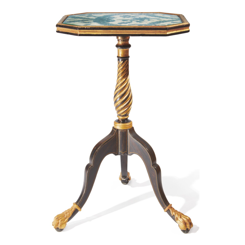 View full screen - View 1 of Lot 22. A REGENCY SIMULATED ROSEWOOD AND PARCEL GILT TRIPOD TABLE, 19TH CENTURY.