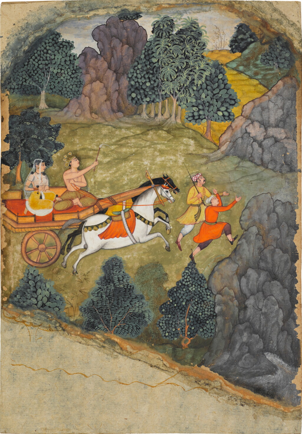 View full screen - View 1 of Lot 146. A folio from the 'Burnt Edge' Ramayana series: Lakshmana takes Sita to Valmiki's hermitage, India, Sub-imperial Mughal, circa 1605.