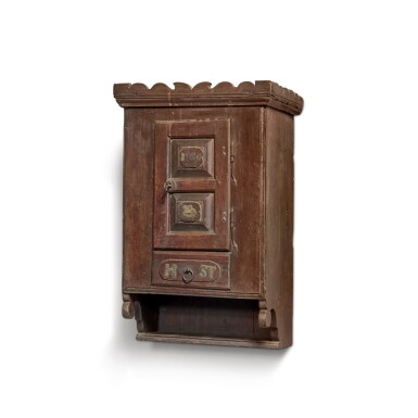 View full screen - View 1 of Lot 135. Very Rare Chippendale Brass Mounted Walnut Hanging Cupboard, Southeastern Pennsylvania, Dated 1766.