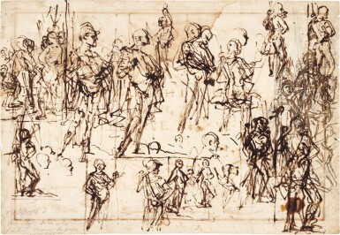 View full screen - View 1 of Lot 4. Recto: Sheet of figure studies; Verso: Design for a title page with musical instruments and the Arms of Ferdinando I de'Medici.