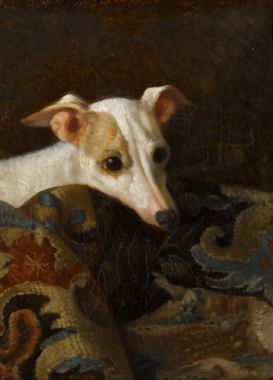 View full screen - View 1 of Lot 213. A whippet resting its head on a carpet.