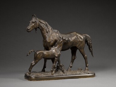 View full screen - View 1 of Lot 77. Mare and foal standing over a tree stump.