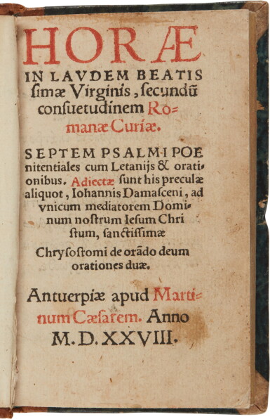 View full screen - View 1 of Lot 99. Horae in laudem beatissimae Virginis Mariae, Antwerp, 1528, Greek text, 16mo, later half calf.