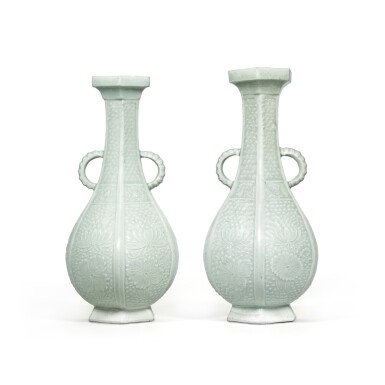View full screen - View 1 of Lot 69. A pair of moulded Qingbai 'lotus' hexagonal handled vases, Yuan dynasty | 元 青白釉印模蓮塘紋六方瓶一對.