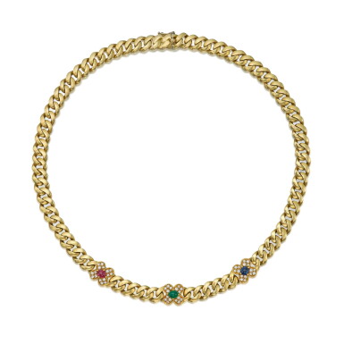 View full screen - View 1 of Lot 474. Gold, Gem-Set and Diamond Necklace.