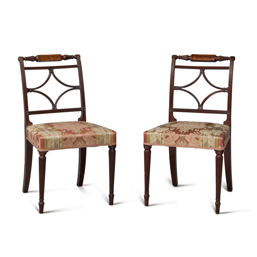 View full screen - View 1 of Lot 98. A Very Fine and Rare Pair of Federal Carved and Figured Mahogany Side Chairs, Probably by Thomas Seymour, possibly with John Seymour, Boston, Massachusetts, Circa 1808-1812.