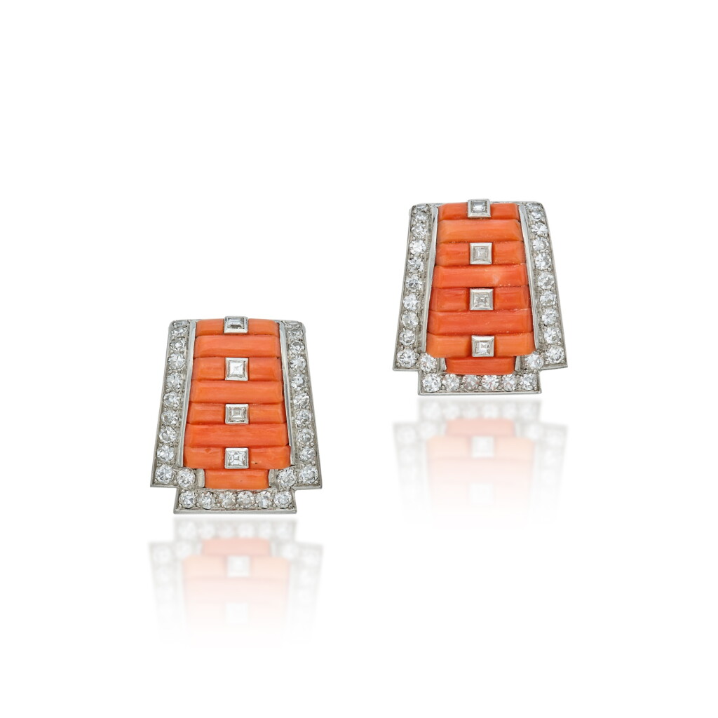 View full screen - View 1 of Lot 279. Pair of Coral and Diamond Dress Clips.