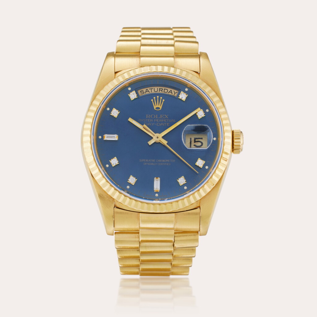 全萤幕检视 - 查看105Reference 18348 Day-Date | A yellow gold and diamond-set automatic wristwatch with day, date, and bracelet, Circa 1989的1