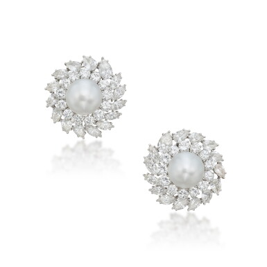 View full screen - View 1 of Lot 110. Pair of Cultured Pearl and Diamond Earclips.