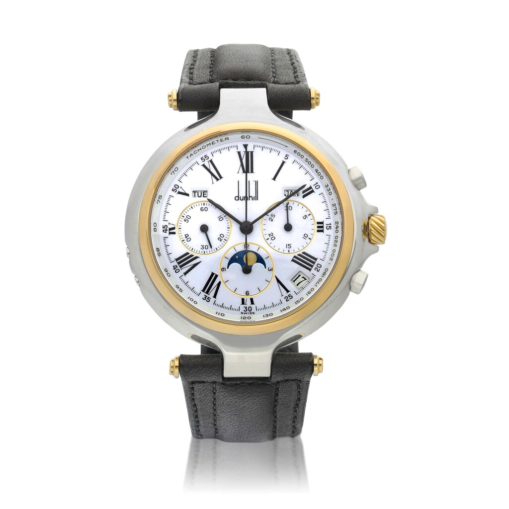 View full screen - View 1 of Lot 8201. A stainless steel and gold plated triple calendar chronograph wristwatch with moon phases and enamel dial, Circa 2005 | 精鋼及鍍金全日曆計時腕錶,備月相及琺瑯錶盤,約2005年製.