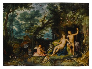 View full screen - View 1 of Lot 522. Venus and Adonis resting in an extensive landscape, with Cupid and hunting dogs and their quarries.