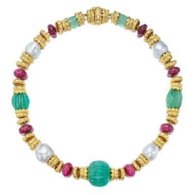 View full screen - View 1 of Lot 182. Gold, Emerald, Cultured Pearl and Ruby Necklace.